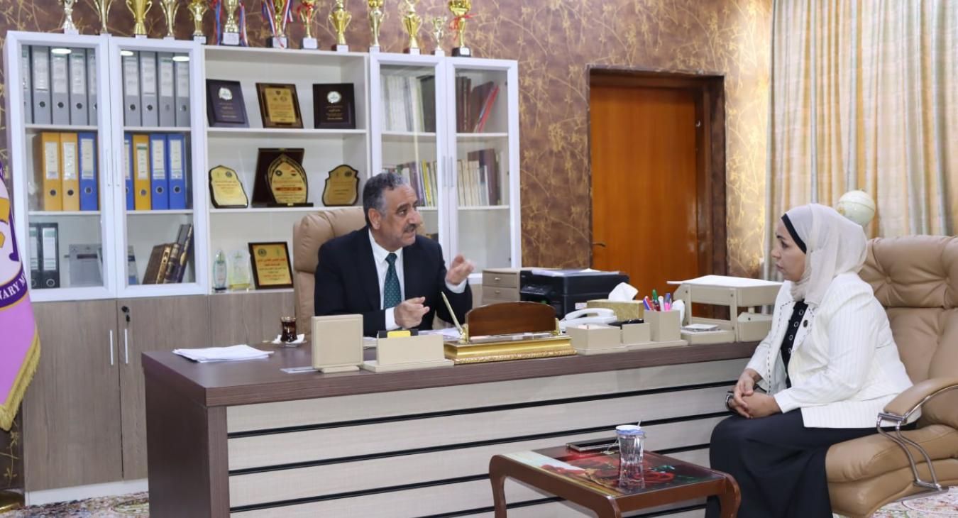 The College of Veterinary Medicine at the University of Fallujah had the honor of receiving a distinguished visit from the President of the University, Prof. Dr. Ahmed Suleiman Hamid, on the morning of Wednesday, September 3, 2025. He was warmly welcomed by the Dean of the College, Asst. Prof. Dr. Hadeel Mohammed Fayyadh, along with the associate deans, heads of scientific departments, and a number of faculty members.  During the visit, the University President expressed his appreciation for the College’s e